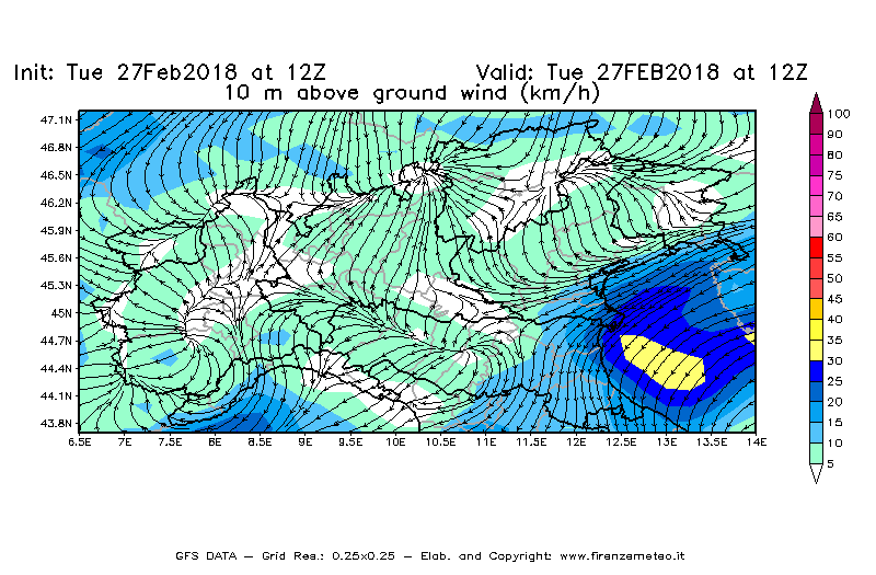 Mappa di analisi GFS - Velocità del vento a 10 metri dal suolo [km/h] in Nord-Italia
							del 27/02/2018 12 <!--googleoff: index-->UTC<!--googleon: index-->
