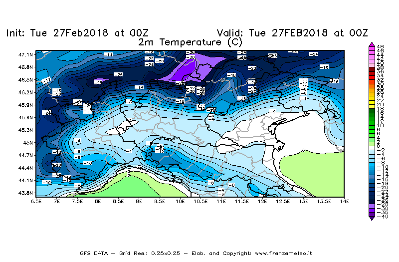 Mappa di analisi GFS - Temperatura a 2 metri dal suolo [°C] in Nord-Italia
							del 27/02/2018 00 <!--googleoff: index-->UTC<!--googleon: index-->