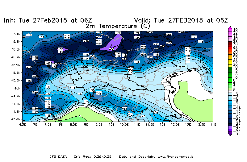 Mappa di analisi GFS - Temperatura a 2 metri dal suolo [°C] in Nord-Italia
							del 27/02/2018 06 <!--googleoff: index-->UTC<!--googleon: index-->
