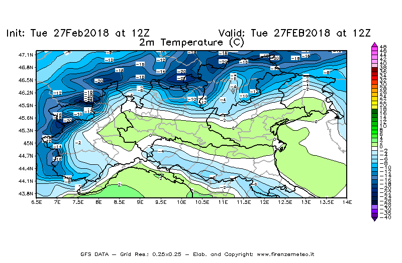 Mappa di analisi GFS - Temperatura a 2 metri dal suolo [°C] in Nord-Italia
							del 27/02/2018 12 <!--googleoff: index-->UTC<!--googleon: index-->