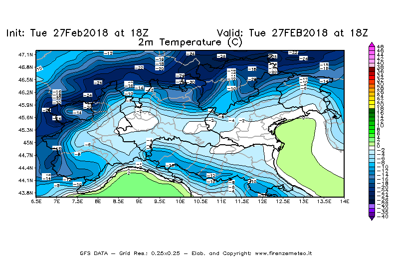 Mappa di analisi GFS - Temperatura a 2 metri dal suolo [°C] in Nord-Italia
							del 27/02/2018 18 <!--googleoff: index-->UTC<!--googleon: index-->
