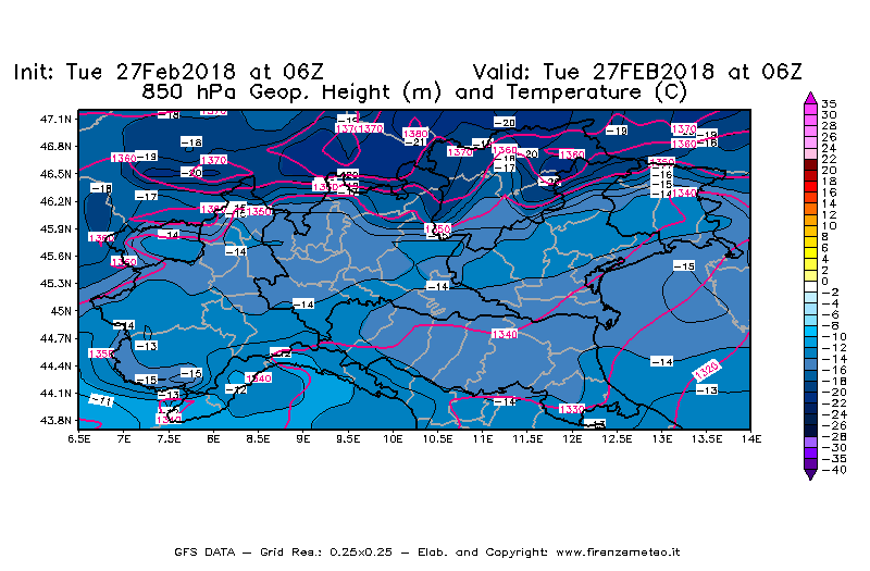 Mappa di analisi GFS - Geopotenziale [m] e Temperatura [°C] a 850 hPa in Nord-Italia
							del 27/02/2018 06 <!--googleoff: index-->UTC<!--googleon: index-->