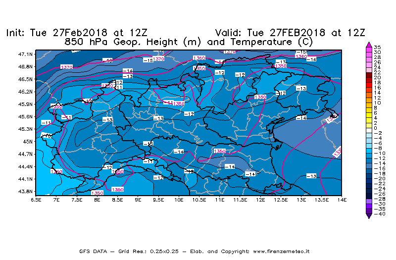 Mappa di analisi GFS - Geopotenziale [m] e Temperatura [°C] a 850 hPa in Nord-Italia
							del 27/02/2018 12 <!--googleoff: index-->UTC<!--googleon: index-->
