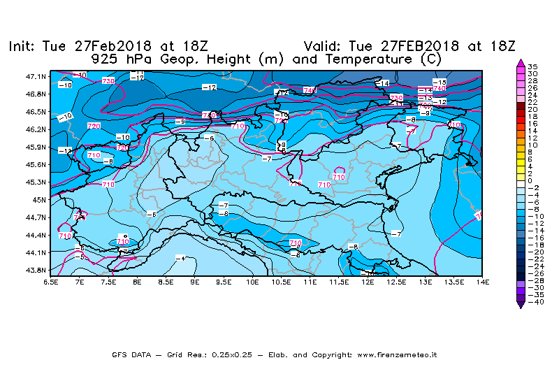 Mappa di analisi GFS - Geopotenziale [m] e Temperatura [°C] a 925 hPa in Nord-Italia
							del 27/02/2018 18 <!--googleoff: index-->UTC<!--googleon: index-->