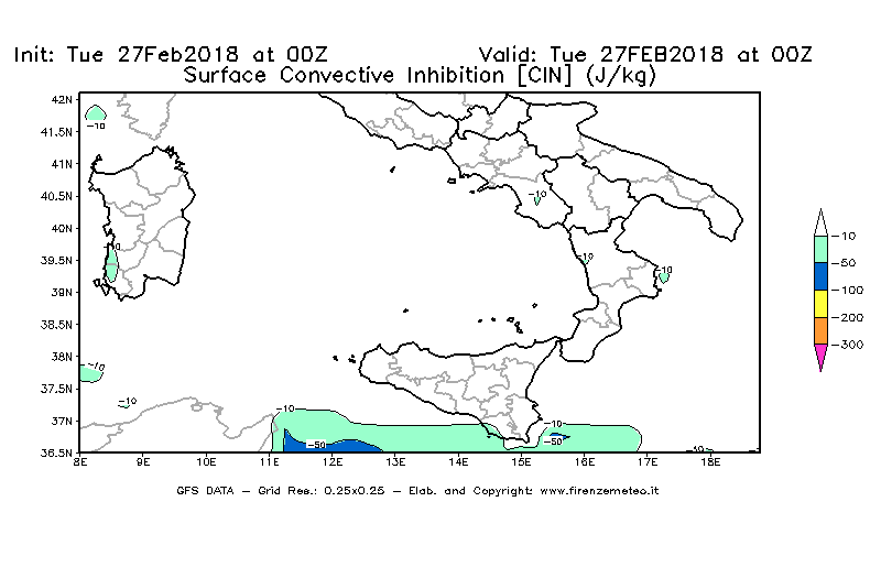 Mappa di analisi GFS - CIN [J/kg] in Sud-Italia
							del 27/02/2018 00 <!--googleoff: index-->UTC<!--googleon: index-->