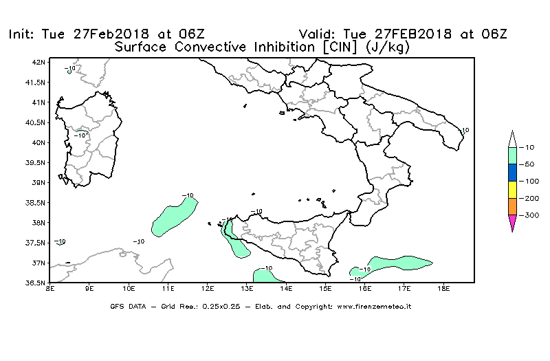 Mappa di analisi GFS - CIN [J/kg] in Sud-Italia
							del 27/02/2018 06 <!--googleoff: index-->UTC<!--googleon: index-->