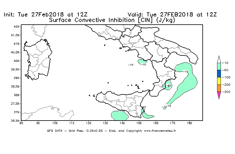 Mappa di analisi GFS - CIN [J/kg] in Sud-Italia
							del 27/02/2018 12 <!--googleoff: index-->UTC<!--googleon: index-->