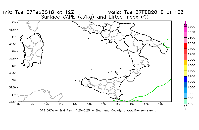 Mappa di analisi GFS - CAPE [J/kg] e Lifted Index [°C] in Sud-Italia
							del 27/02/2018 12 <!--googleoff: index-->UTC<!--googleon: index-->
