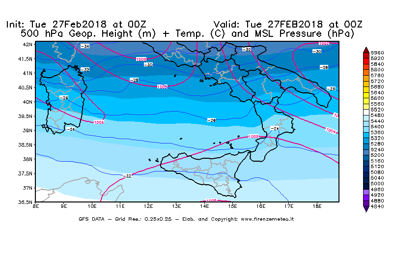 Mappa di analisi GFS - Geopotenziale [m] + Temp. [°C] a 500 hPa + Press. a livello del mare [hPa] in Sud-Italia
							del 27/02/2018 00 <!--googleoff: index-->UTC<!--googleon: index-->