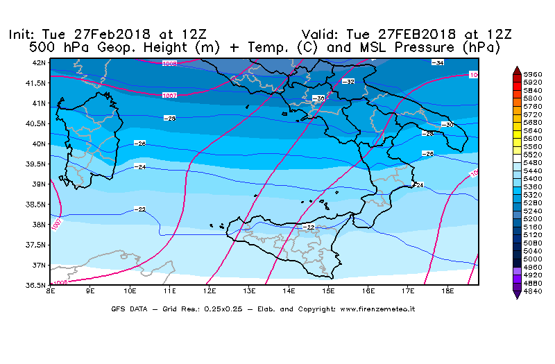 Mappa di analisi GFS - Geopotenziale [m] + Temp. [°C] a 500 hPa + Press. a livello del mare [hPa] in Sud-Italia
							del 27/02/2018 12 <!--googleoff: index-->UTC<!--googleon: index-->