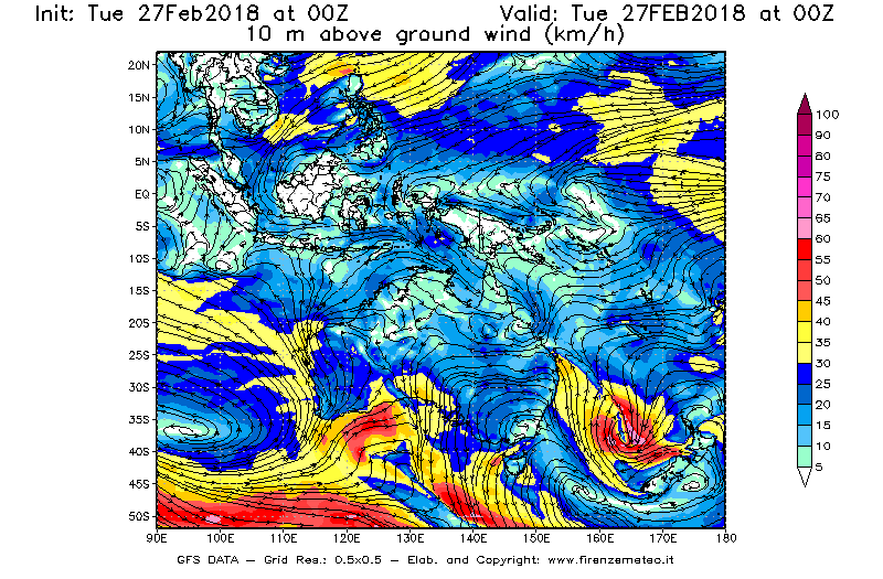 Mappa di analisi GFS - Velocità del vento a 10 metri dal suolo [km/h] in Oceania
							del 27/02/2018 00 <!--googleoff: index-->UTC<!--googleon: index-->