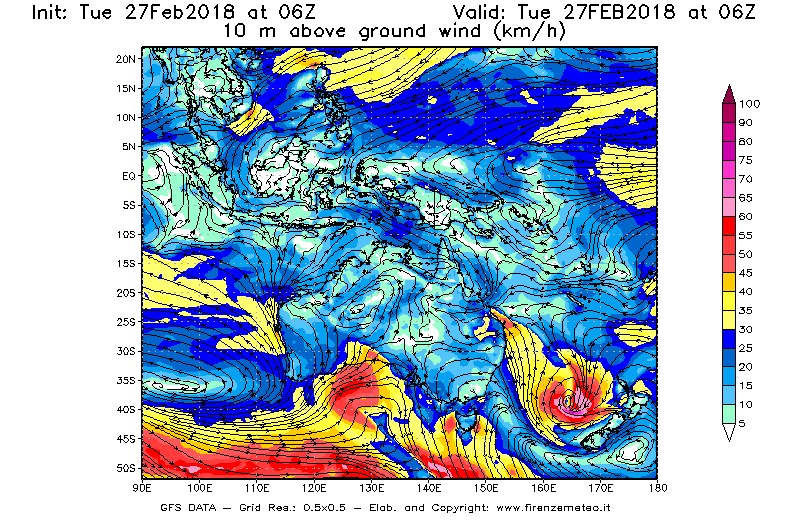 Mappa di analisi GFS - Velocità del vento a 10 metri dal suolo [km/h] in Oceania
							del 27/02/2018 06 <!--googleoff: index-->UTC<!--googleon: index-->