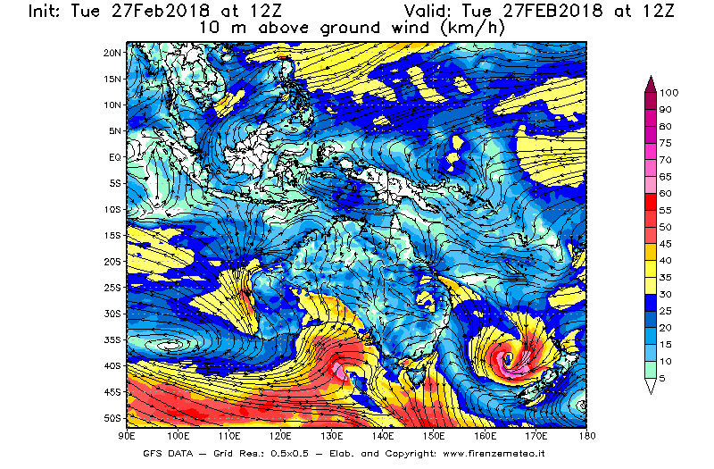 Mappa di analisi GFS - Velocità del vento a 10 metri dal suolo [km/h] in Oceania
							del 27/02/2018 12 <!--googleoff: index-->UTC<!--googleon: index-->