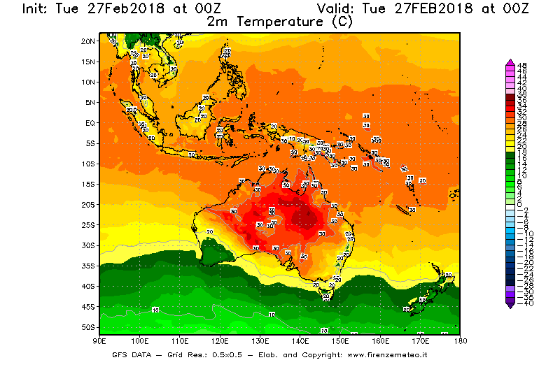 Mappa di analisi GFS - Temperatura a 2 metri dal suolo [°C] in Oceania
							del 27/02/2018 00 <!--googleoff: index-->UTC<!--googleon: index-->
