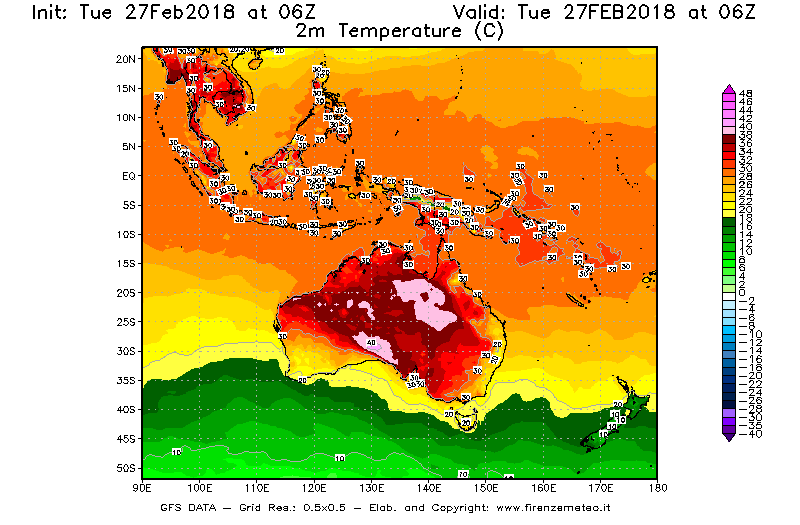 Mappa di analisi GFS - Temperatura a 2 metri dal suolo [°C] in Oceania
							del 27/02/2018 06 <!--googleoff: index-->UTC<!--googleon: index-->