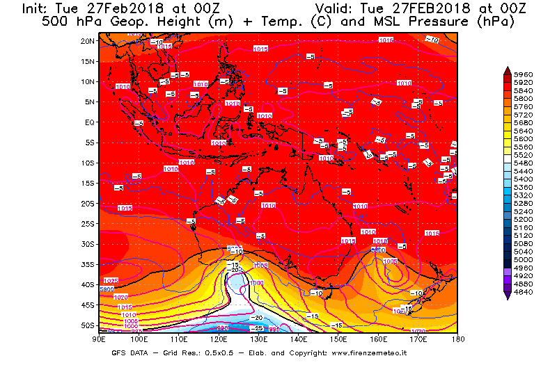 Mappa di analisi GFS - Geopotenziale [m] + Temp. [°C] a 500 hPa + Press. a livello del mare [hPa] in Oceania
							del 27/02/2018 00 <!--googleoff: index-->UTC<!--googleon: index-->