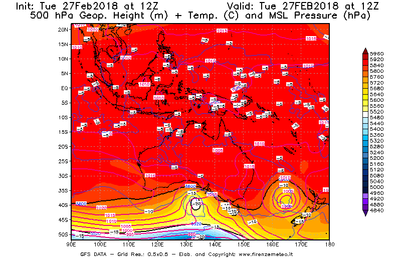 Mappa di analisi GFS - Geopotenziale [m] + Temp. [°C] a 500 hPa + Press. a livello del mare [hPa] in Oceania
							del 27/02/2018 12 <!--googleoff: index-->UTC<!--googleon: index-->