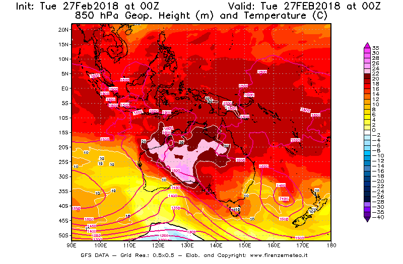 Mappa di analisi GFS - Geopotenziale [m] e Temperatura [°C] a 850 hPa in Oceania
							del 27/02/2018 00 <!--googleoff: index-->UTC<!--googleon: index-->