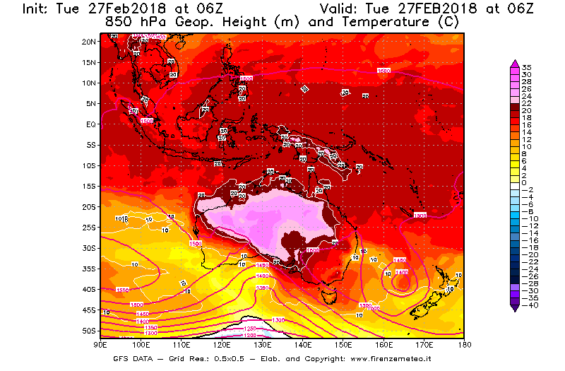 Mappa di analisi GFS - Geopotenziale [m] e Temperatura [°C] a 850 hPa in Oceania
							del 27/02/2018 06 <!--googleoff: index-->UTC<!--googleon: index-->