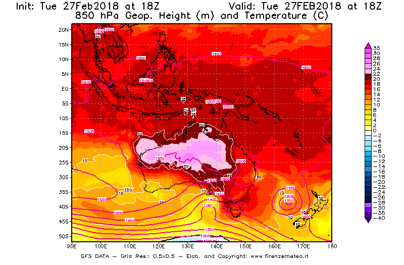 Mappa di analisi GFS - Geopotenziale [m] e Temperatura [°C] a 850 hPa in Oceania
							del 27/02/2018 18 <!--googleoff: index-->UTC<!--googleon: index-->