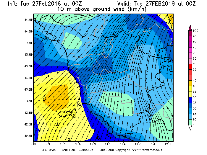 Mappa di analisi GFS - Velocità del vento a 10 metri dal suolo [km/h] in Toscana
							del 27/02/2018 00 <!--googleoff: index-->UTC<!--googleon: index-->