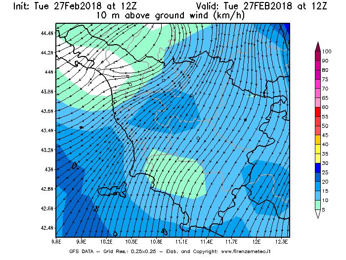 Mappa di analisi GFS - Velocità del vento a 10 metri dal suolo [km/h] in Toscana
							del 27/02/2018 12 <!--googleoff: index-->UTC<!--googleon: index-->