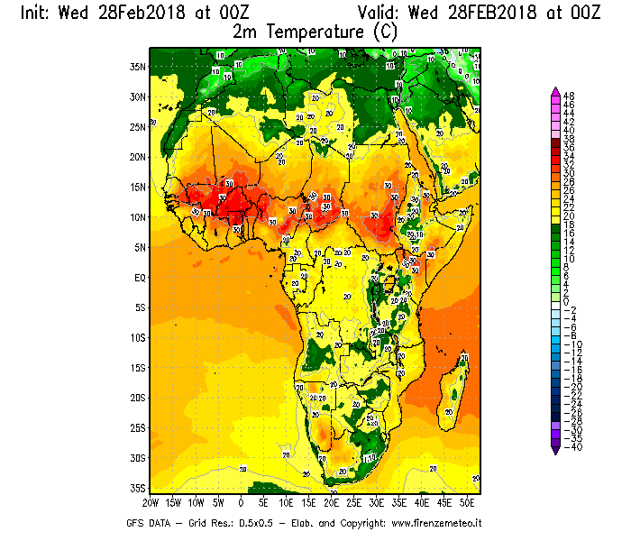 Mappa di analisi GFS - Temperatura a 2 metri dal suolo [°C] in Africa
							del 28/02/2018 00 <!--googleoff: index-->UTC<!--googleon: index-->