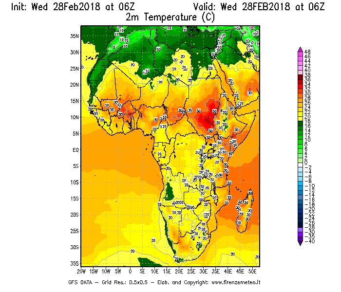 Mappa di analisi GFS - Temperatura a 2 metri dal suolo [°C] in Africa
							del 28/02/2018 06 <!--googleoff: index-->UTC<!--googleon: index-->
