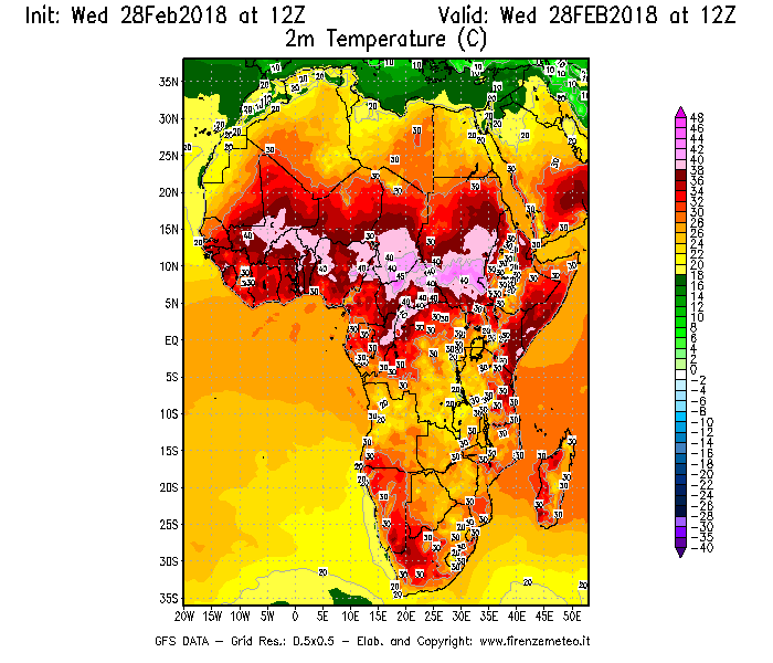 Mappa di analisi GFS - Temperatura a 2 metri dal suolo [°C] in Africa
							del 28/02/2018 12 <!--googleoff: index-->UTC<!--googleon: index-->