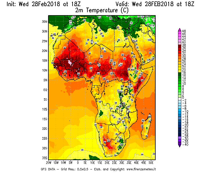 Mappa di analisi GFS - Temperatura a 2 metri dal suolo [°C] in Africa
							del 28/02/2018 18 <!--googleoff: index-->UTC<!--googleon: index-->