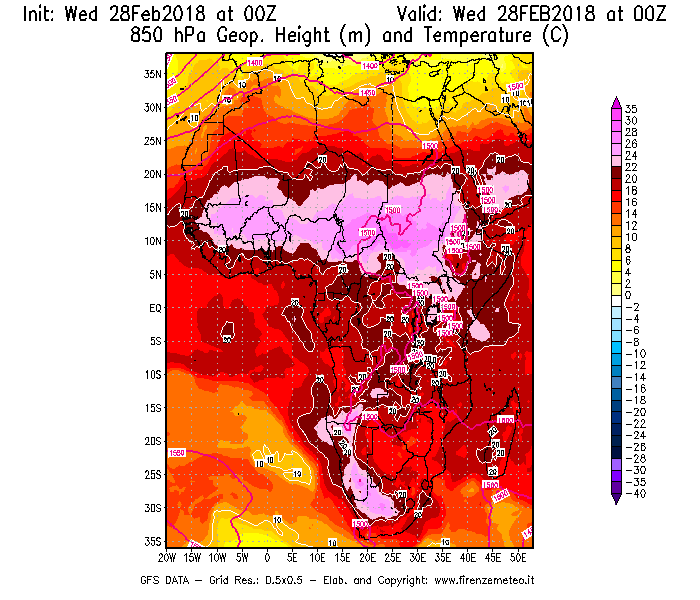 Mappa di analisi GFS - Geopotenziale [m] e Temperatura [°C] a 850 hPa in Africa
							del 28/02/2018 00 <!--googleoff: index-->UTC<!--googleon: index-->