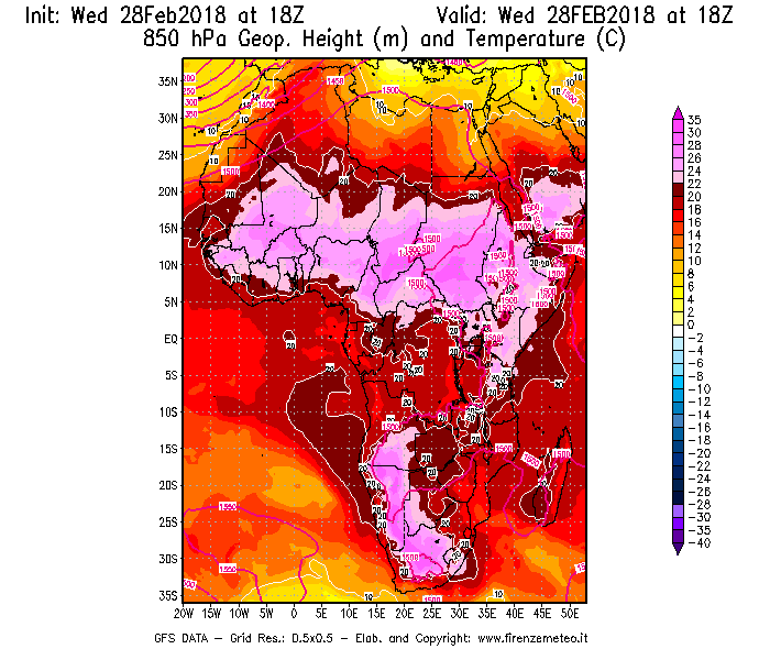 Mappa di analisi GFS - Geopotenziale [m] e Temperatura [°C] a 850 hPa in Africa
							del 28/02/2018 18 <!--googleoff: index-->UTC<!--googleon: index-->