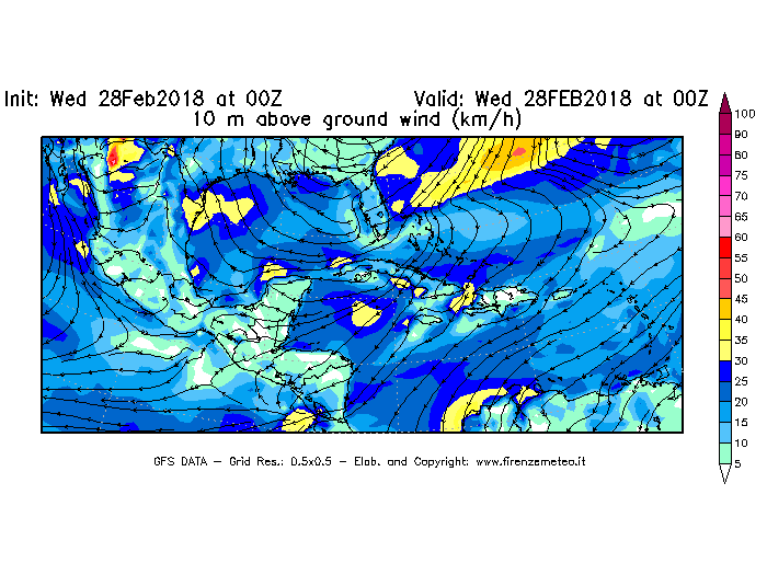 Mappa di analisi GFS - Velocità del vento a 10 metri dal suolo [km/h] in Centro-America
							del 28/02/2018 00 <!--googleoff: index-->UTC<!--googleon: index-->