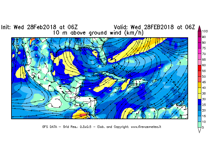 Mappa di analisi GFS - Velocità del vento a 10 metri dal suolo [km/h] in Centro-America
							del 28/02/2018 06 <!--googleoff: index-->UTC<!--googleon: index-->