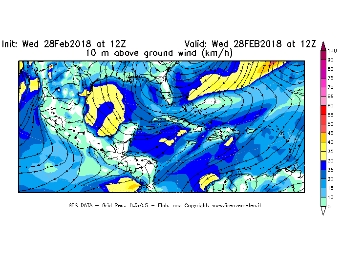 Mappa di analisi GFS - Velocità del vento a 10 metri dal suolo [km/h] in Centro-America
							del 28/02/2018 12 <!--googleoff: index-->UTC<!--googleon: index-->