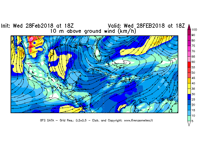 Mappa di analisi GFS - Velocità del vento a 10 metri dal suolo [km/h] in Centro-America
							del 28/02/2018 18 <!--googleoff: index-->UTC<!--googleon: index-->
