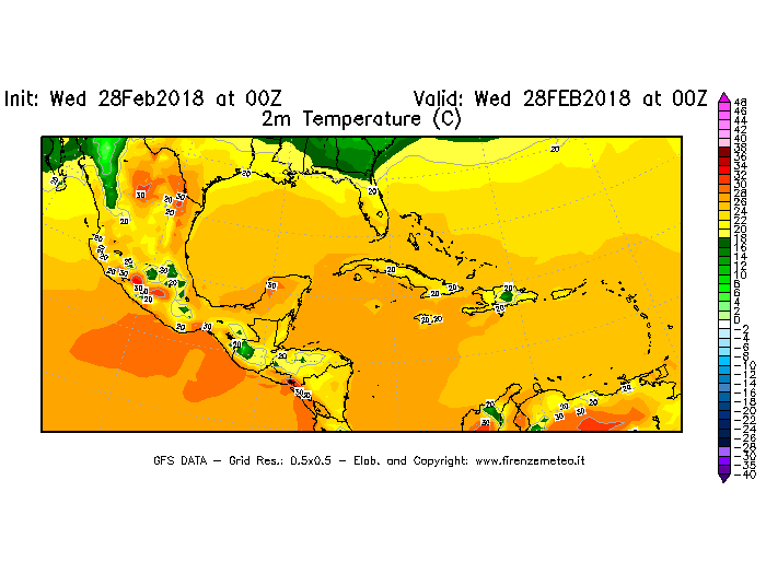 Mappa di analisi GFS - Temperatura a 2 metri dal suolo [°C] in Centro-America
							del 28/02/2018 00 <!--googleoff: index-->UTC<!--googleon: index-->