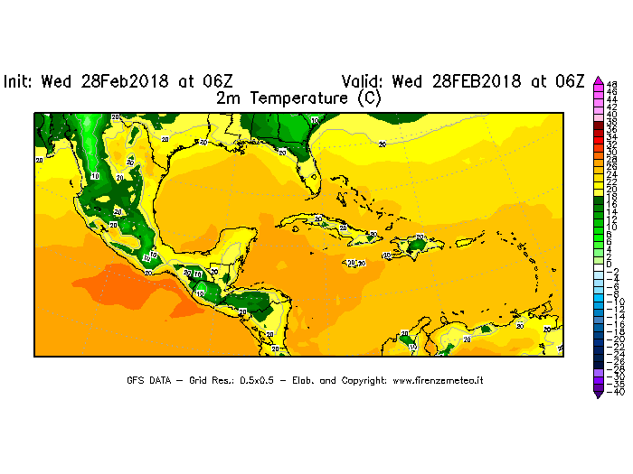 Mappa di analisi GFS - Temperatura a 2 metri dal suolo [°C] in Centro-America
							del 28/02/2018 06 <!--googleoff: index-->UTC<!--googleon: index-->