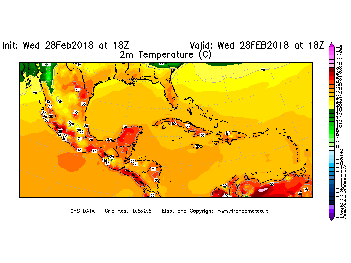 Mappa di analisi GFS - Temperatura a 2 metri dal suolo [°C] in Centro-America
							del 28/02/2018 18 <!--googleoff: index-->UTC<!--googleon: index-->