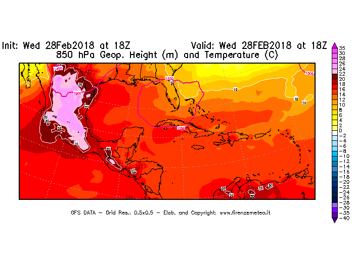 Mappa di analisi GFS - Geopotenziale [m] e Temperatura [°C] a 850 hPa in Centro-America
							del 28/02/2018 18 <!--googleoff: index-->UTC<!--googleon: index-->