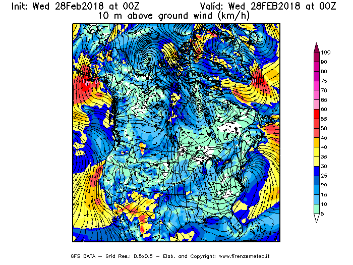 Mappa di analisi GFS - Velocità del vento a 10 metri dal suolo [km/h] in Nord-America
							del 28/02/2018 00 <!--googleoff: index-->UTC<!--googleon: index-->