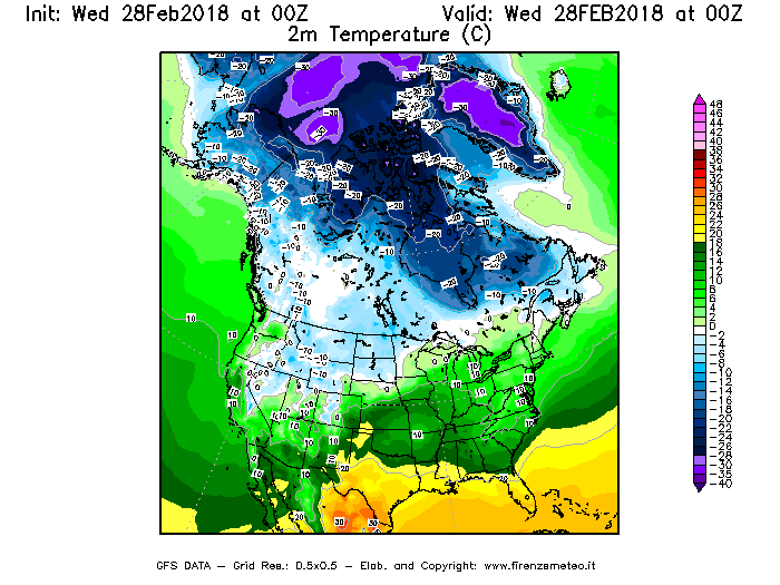 Mappa di analisi GFS - Temperatura a 2 metri dal suolo [°C] in Nord-America
							del 28/02/2018 00 <!--googleoff: index-->UTC<!--googleon: index-->
