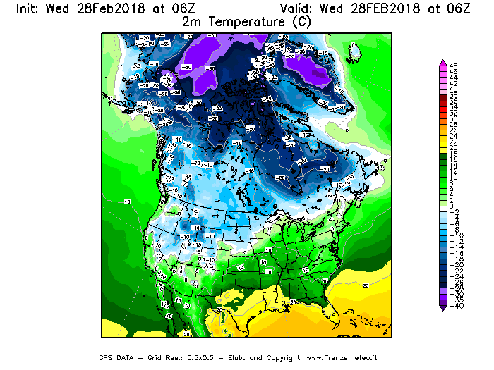 Mappa di analisi GFS - Temperatura a 2 metri dal suolo [°C] in Nord-America
							del 28/02/2018 06 <!--googleoff: index-->UTC<!--googleon: index-->