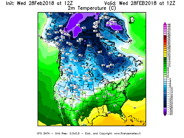 Mappa di analisi GFS - Temperatura a 2 metri dal suolo [°C] in Nord-America
							del 28/02/2018 12 <!--googleoff: index-->UTC<!--googleon: index-->