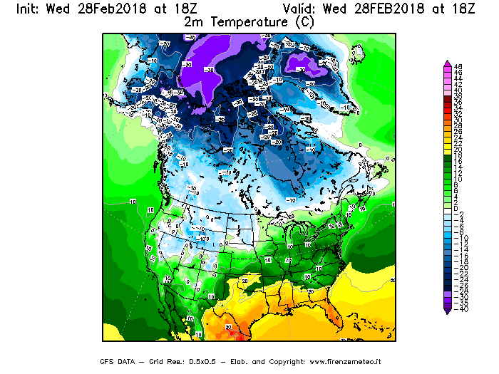 Mappa di analisi GFS - Temperatura a 2 metri dal suolo [°C] in Nord-America
							del 28/02/2018 18 <!--googleoff: index-->UTC<!--googleon: index-->