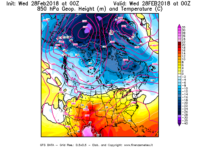 Mappa di analisi GFS - Geopotenziale [m] e Temperatura [°C] a 850 hPa in Nord-America
							del 28/02/2018 00 <!--googleoff: index-->UTC<!--googleon: index-->