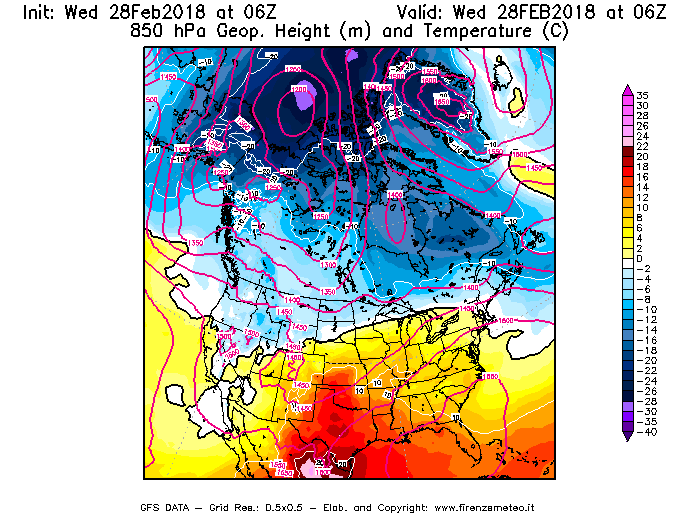 Mappa di analisi GFS - Geopotenziale [m] e Temperatura [°C] a 850 hPa in Nord-America
							del 28/02/2018 06 <!--googleoff: index-->UTC<!--googleon: index-->
