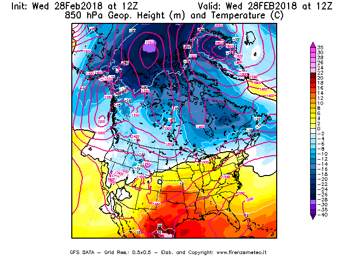 Mappa di analisi GFS - Geopotenziale [m] e Temperatura [°C] a 850 hPa in Nord-America
							del 28/02/2018 12 <!--googleoff: index-->UTC<!--googleon: index-->