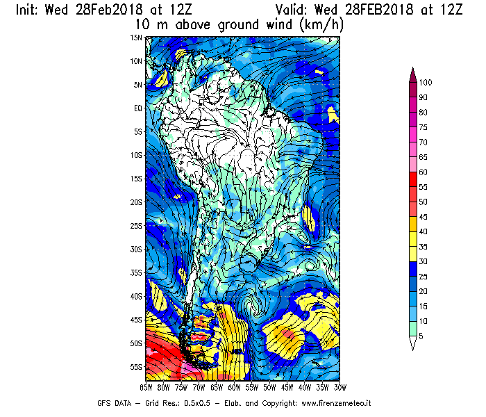 Mappa di analisi GFS - Velocità del vento a 10 metri dal suolo [km/h] in Sud-America
							del 28/02/2018 12 <!--googleoff: index-->UTC<!--googleon: index-->