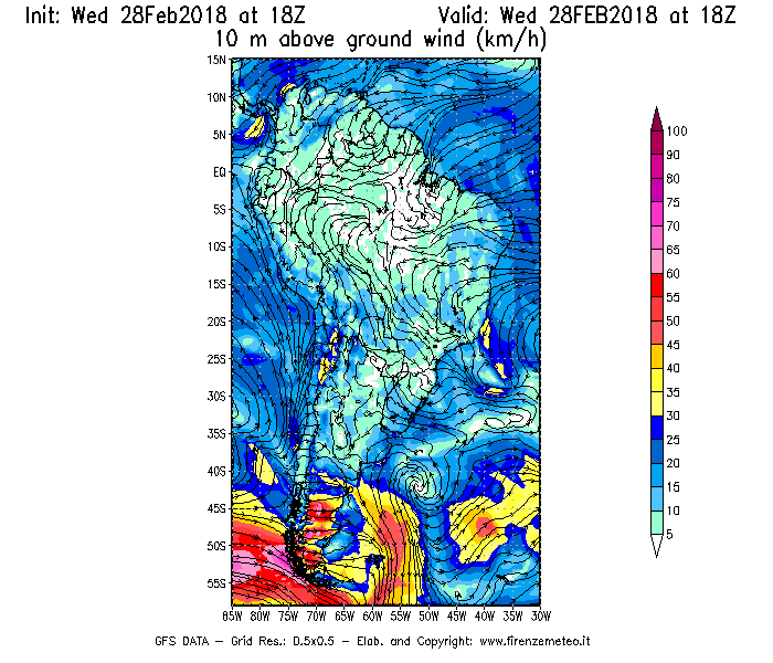 Mappa di analisi GFS - Velocità del vento a 10 metri dal suolo [km/h] in Sud-America
							del 28/02/2018 18 <!--googleoff: index-->UTC<!--googleon: index-->